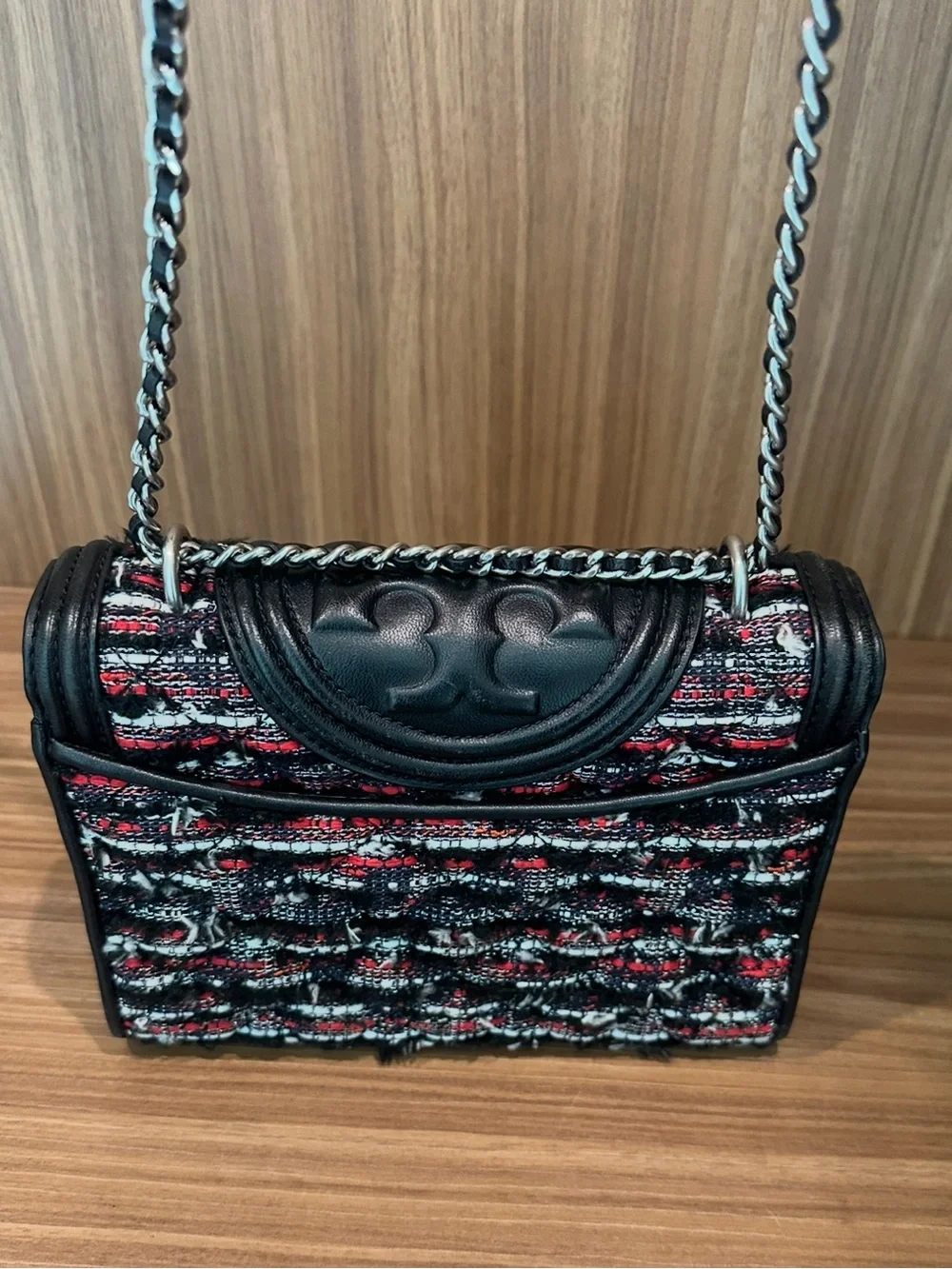 Tory Burch Tweed Chain-Handle Flap Shoulder Crossbody Bag with Tassel Black